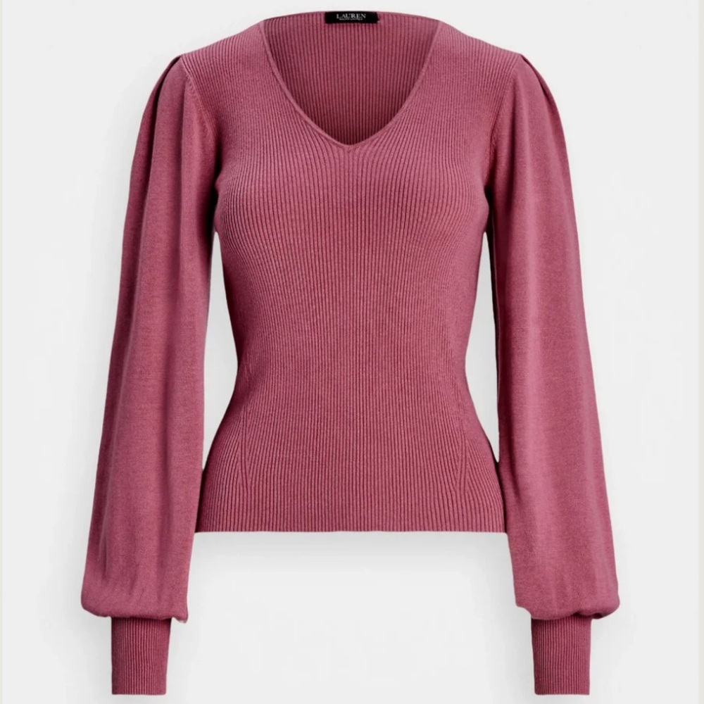 Lauren Ralph Lauren Blouson Sleeve Ribbed Sweater-Pink-Size Large-NWT-MSRP $125